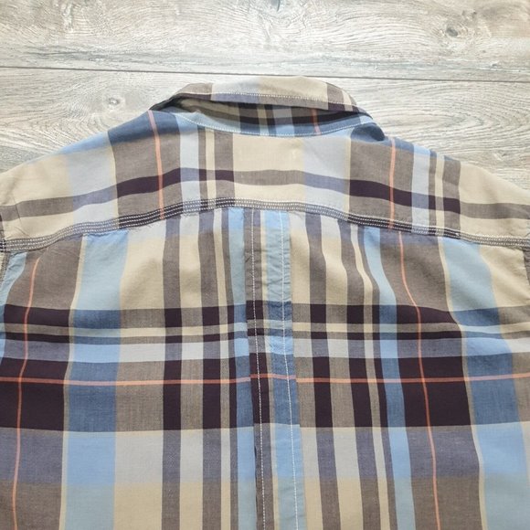 Gap Men XL Short Sleeve Shirt Casual Cotton Blue Brown Plaid Vacation Travel - Picture 9 of 10